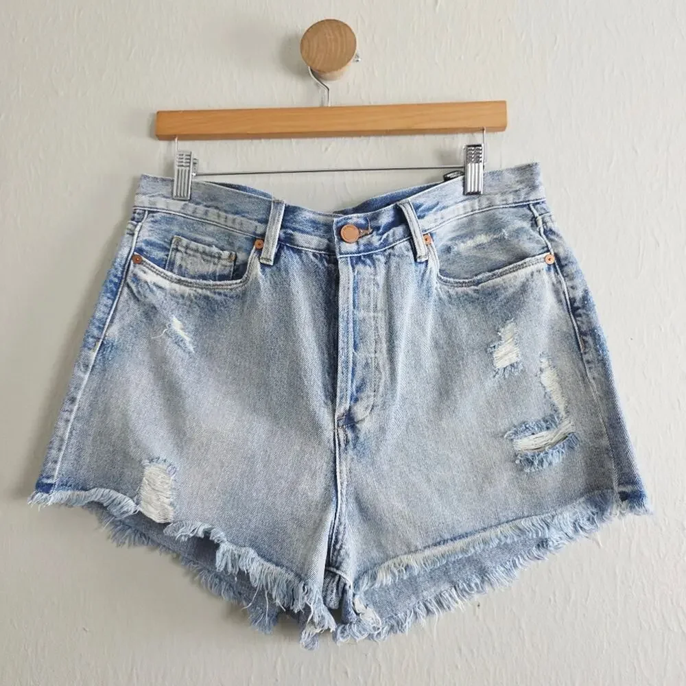 Blank NYC The Barrow Distressed High Waisted Cut Off Denim Shorts Blue Wash 32